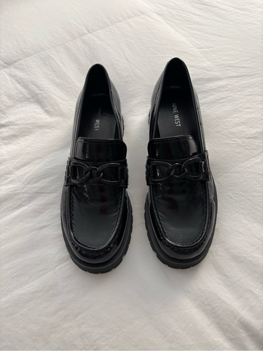 Nine West Black Patent Chain-Link Lug Sole Loafers